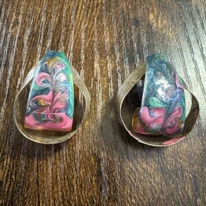 Vintage Gold Tone Green Blue Pink Swirl Enamel Earrings Cocktail Statement